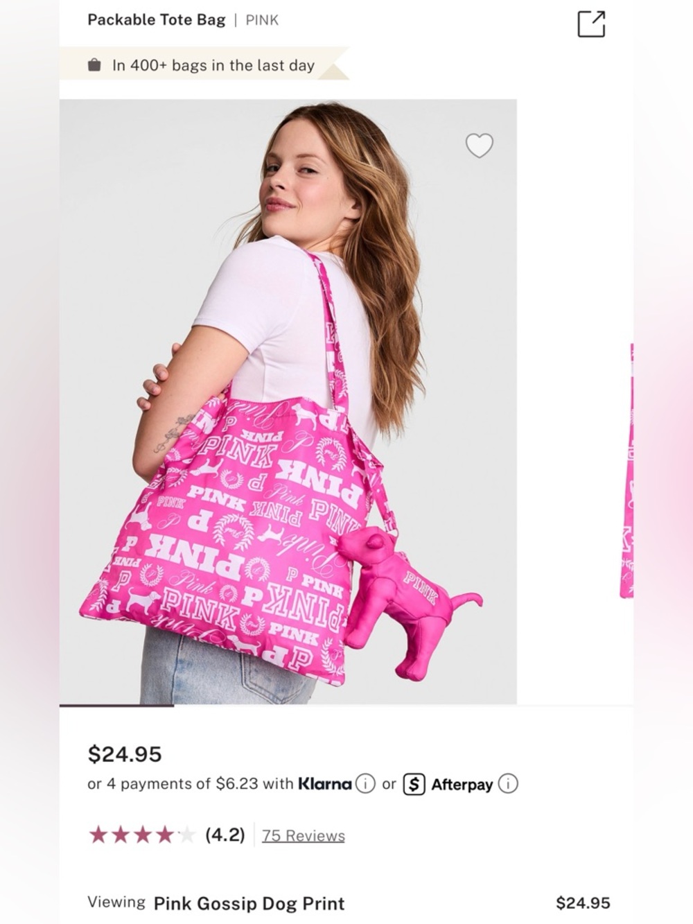 PINK Victoria's Secret Hot Pink Logo-Print Tote with Dog Charm